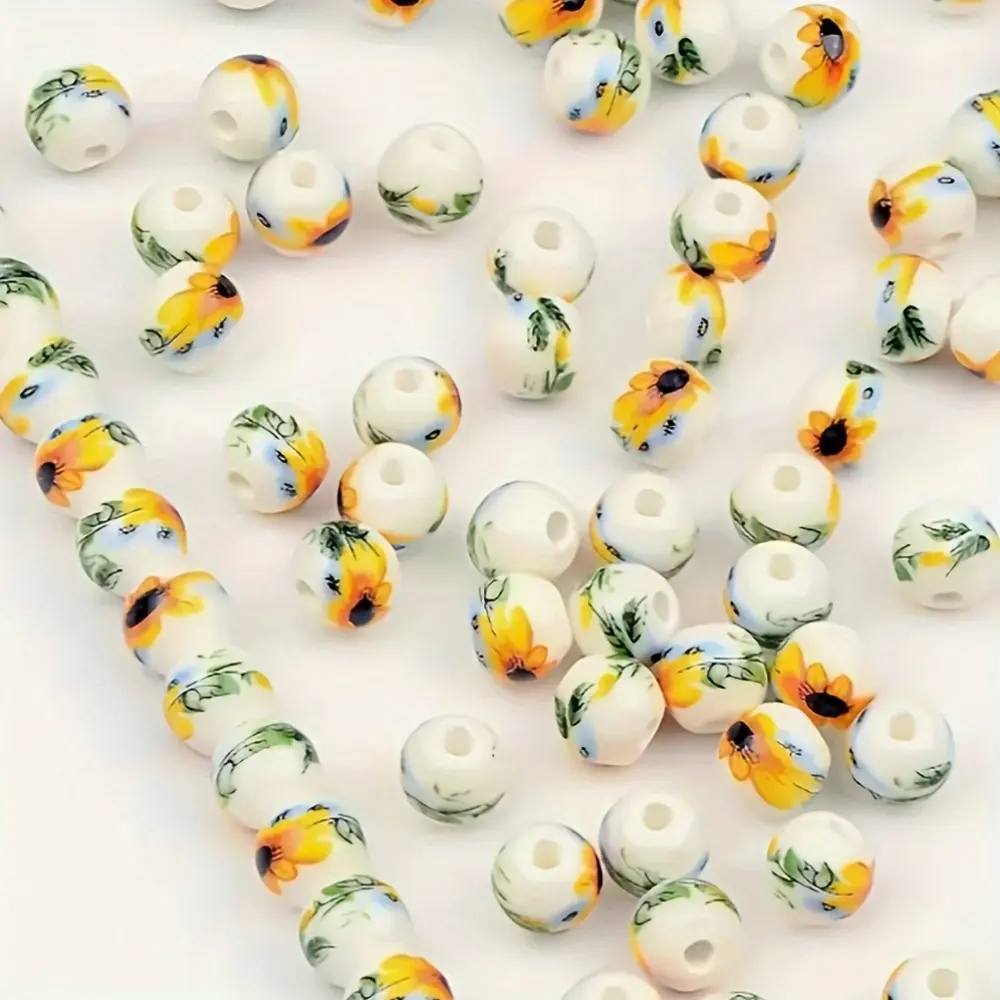 12mm Round Sunflower Ceramic Beads - 66pcs Handmade Craft Beads Making Accessories for DIY Bracelets, Necklaces, Beading & Jewelry Making Floral Design