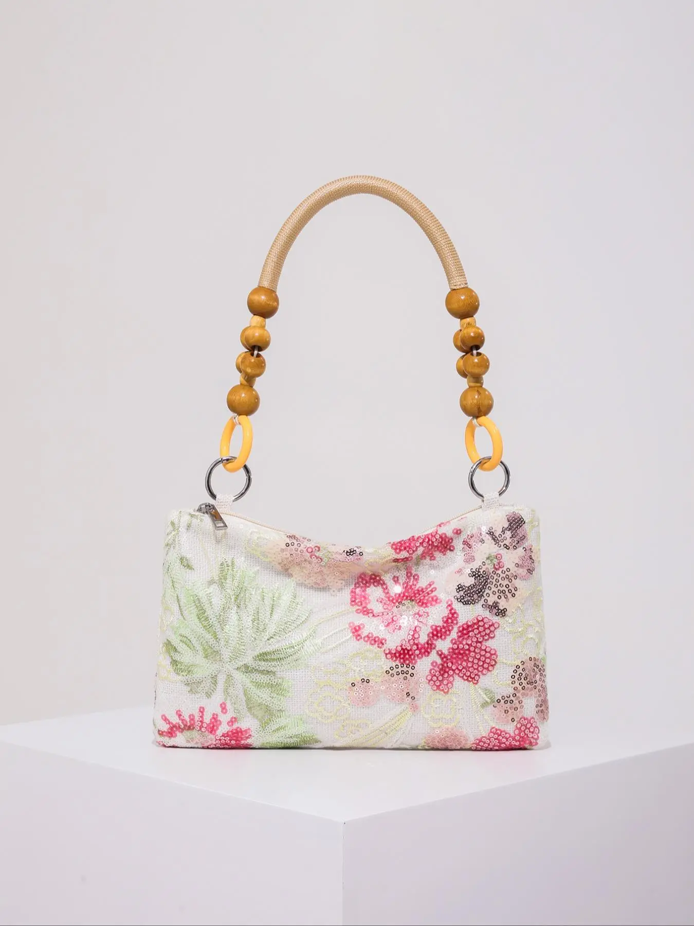Women's Floral Pattern Beads & Sequins Decorated Crossbody Bag, Retro Beach Style Wooden Handle Shoulder Bag, Trendy All-match Bag for Daily Use, Fashionable Shoulder Bag, Stylish Crossbody Bag, Fashionable Patterned Bag