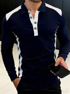 Men's Colorblock Patchwork Knit Long Sleeve Polo Shirt, Breathable Fitted Comfort Fit, Business Casual Spring & Fall Top, Slimming Design, Versatile Upperwear
