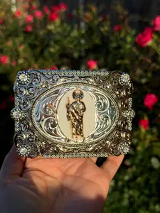 Western Saint Jude Belt Buckle for Men - Silver-Plated, Engraved Cowboy Buckle with Stud Detail, Fits Gender-Neutral & American-Themed Men's Belts, Gender-Neutral Men's Belts