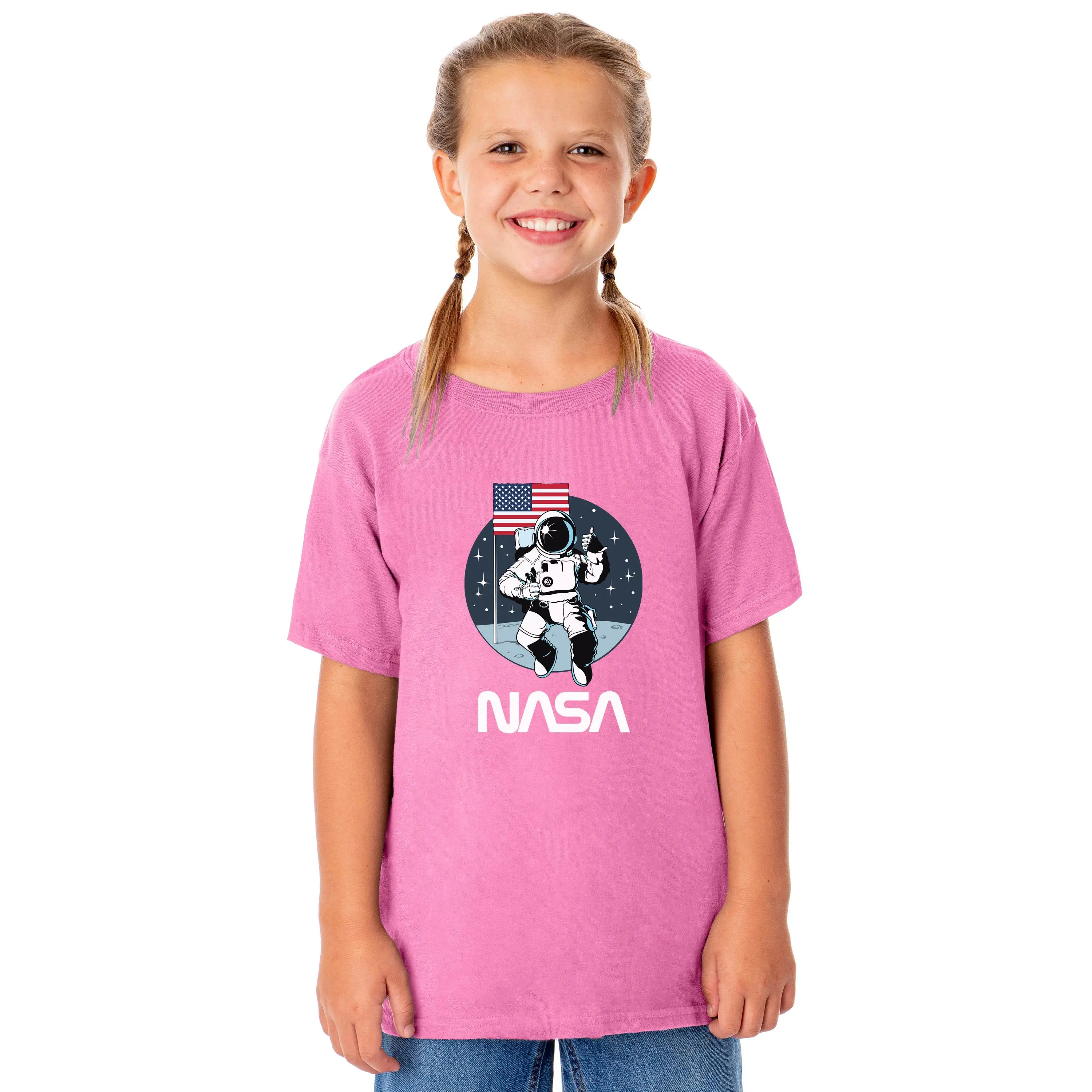 NASA Girls' Retro NASA Letter Logo Thumbs Up Astronaut Crewneck T-Shirt
