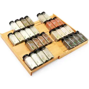 Bamboo Spice Drawer Organizer, (Need 3.1” Deep Drawer) Expandable 4 Tier Spice Rack for Cabinet (From 12" to 23" Wide), Seasoning Storage Insert, Spice Organizer for Drawer,Jars Not Included