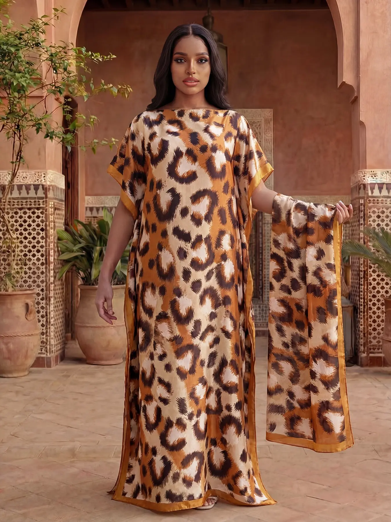 Women's Leopard Print Versatile Set Spring Summer Thin Loose Fit Elegant Robe Shawl + Long Silk Scarf Beach Sun Protection Satin Scarf Beachwear Cover Up