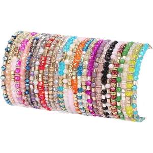 Women's Boho Beaded Bangle Bracelet Set - 28Pcs Colorful, Stackable, Sparkly Multi-Layer Stretch Cuff Jewelry, Adjustable Bangle Gift for Female Fashion Accessories Enthusiasts