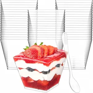 100 PCS, 4oz/8oz Mini Clear Plastic Dessert Cups, Square Parfait Cups with Spoons, Essential for Weddings, Christmas Parties, Birthday Celebrations & Holidays, Suitable for Pudding, Fruit, Mousse, Ice Cream & Appetizer Bowls (50 Cups + 50 Spoons)