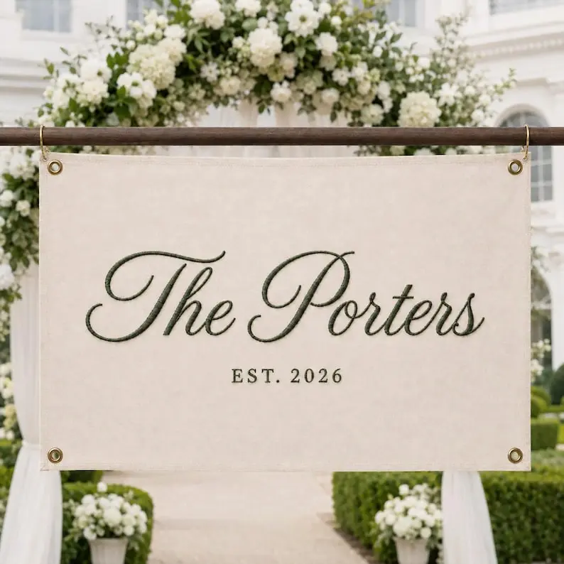 Custom Embroidered Wedding Banner, Personalized Canvas Banner, Wedding Reception Decor, Custom Last Name Sign, Bridal Photo Prop