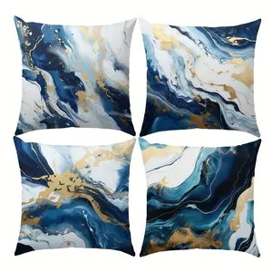 4pcs, Blue and White Marble Pattern Themed Throw Pillow Covers, Home Spring Décor Products, Suitable Living Room, Bedroom, Sofa and Bed Decoration, 2D Flat, Single Sided Printing, No Pillow Core