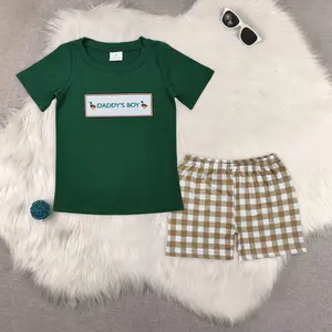 New Clothes Kids Boys Green Plaid Shorts And Duck Top Set Daddy's Boy Theme Casual Comfortable Clothing