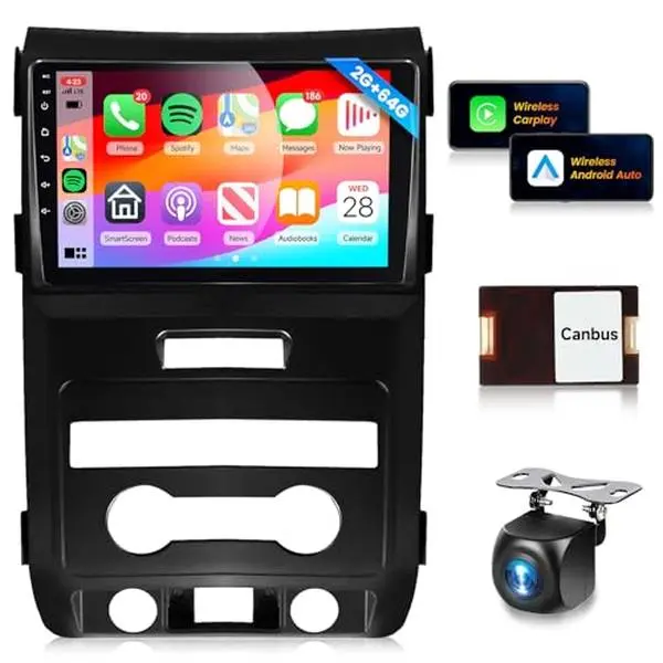 Podofo 9-in HD IPS Touch Screen Car Media Player, 2G+64G Android Car Stereo for Ford F150 F-150 2009-2014, with FM Radio, 16EQ, Wireless CarPlay, Android Auto, Bluetooth, GPS, 28UIs, SWC, Backup Camera, Father's Day Gift