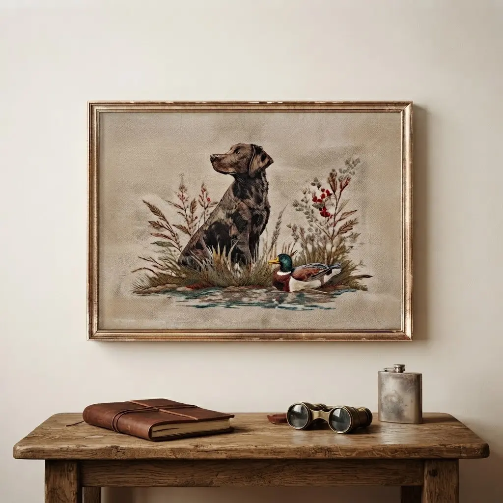 Chocolate Labrador Poster Unframed  Hunting Dog & Mallard Duck Faux Embroidery Print, Rustic Country Decor Chintan Gala