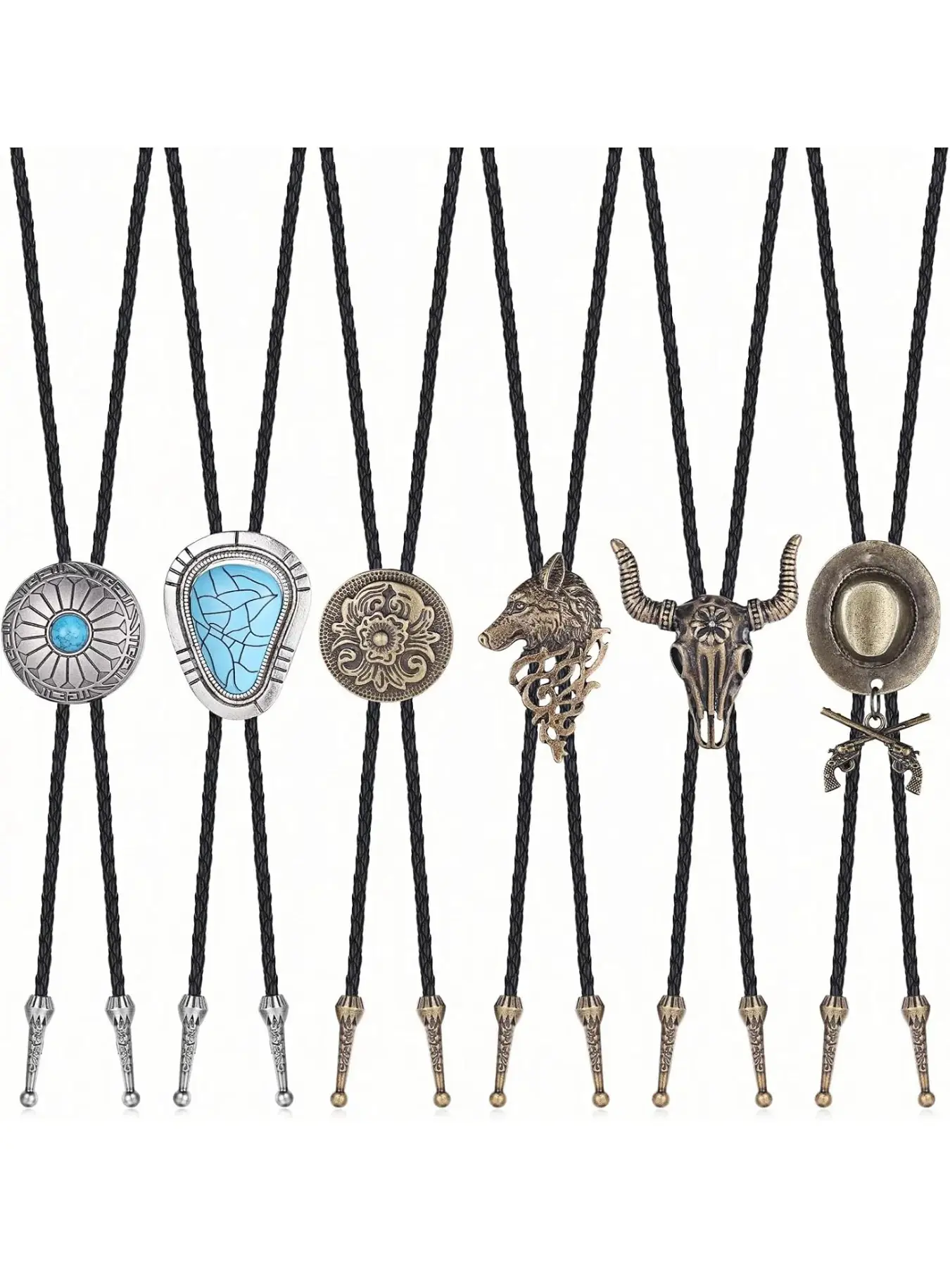 Subiceto 6Pcs Bolo Tie for Men Western Cowboy Natural Turquoise Tiger Eye Stone Necktie Native American Bola Tie Set Boho Casual Tie Boho Fashion Tie Boho Bohemian Tie Stylish Tie Design