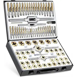 86- Titanium-Coated Tap and  Set - Professional Threading Tool Kit in SAE & Metric Sizes, HSS Thread  & Rethreading Set for Automotive, Metalwork, Machinery, Plumbing & Repair Projects