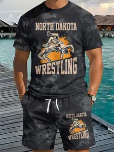 Men's Vintage Wrestling Style Tie-dye Printed 2-piece Set, 3D Digital Printed 2Pcs Fashion Suit, Trendy Retro Casual Outfit, Vacation-style Daily Wear, Breathable Sportswear, Ideal Holiday Gift for Men, Clothes