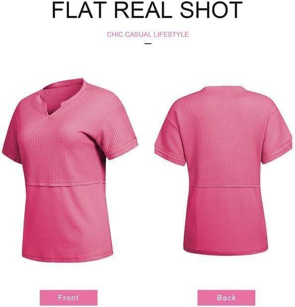 Women's Loose Fit Waffle Knit Splice V-Neck Top | Casual Trendy Short Sleeve Shirt.