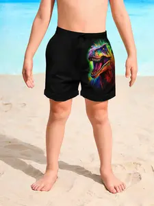 Boys Rainbow Beast Head Printed Beach Shorts, Quick-Dry Casual Swimwear, Fitted Knee Length, Drawstring Waist, All over Print