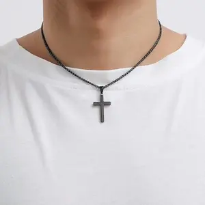 Sleek Black Silver  Cross Pendant Necklace, Polished Wheat Chain, Versatile Men Women’s Statement Jewelry