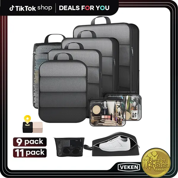 【DEALS FOR YOU】Veken 9/11Pcs Compression Packing Cubes, Life-Saving Expandable Travel Organizer Bags, Cut Half Your Luggage Mess, Durable Space Saver Pouches with Extra Toiletry Bag for Trip Clothing