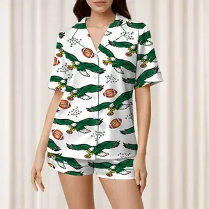 Women’s Eagles Football Print Pajama Set, Short-Sleeved V-Neck Sleepwear for All Seasons Button Front Pockets Comfortable All-Season Sleepwear
