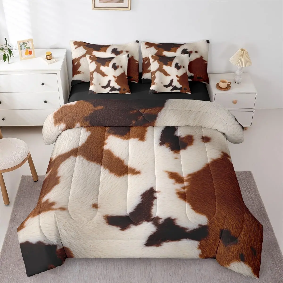 Feelyou 7-Piece Cowhide Comforter Set - Soft Microfiber Bedding Set, Brown-White Cow Print Sheets & Pillowcases, Western Farm Animal Theme Bedspread, Rustic Farmhouse Decorative Quilt Bedding in a Bag, Bedspread Set, Decorative Bedding Set
