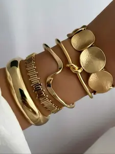 5pcs Boho Style Geometric Wave Knot Bracelet Set, Metal Bracelet, Boho Jewelry, Luxury Unisex Accessory for Daily Wear & Gifts, Perfect for All Seasons