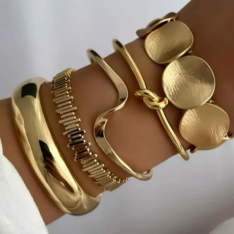 5pcs Boho Style Geometric Wave Knot Layered Set, Stacked Design Bracelets, Luxury Unisex Accessory for Daily Wear & Gifts, Perfect for All Seasons
