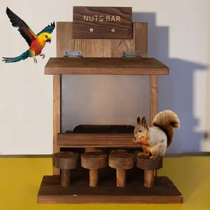 Creative Large Wooden Charcoal Squirrel and Bird Feeder Station, Durable Nut House, Stores Various Grains, Perfect Garden Decoration for Small Pets