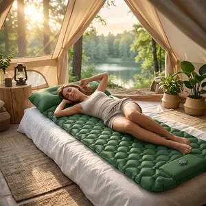Outdoor Camping Sleeping Pad Foot Pump Inflatable Mattress Diamond TPU With Built In Pillow Backpacking Hiking Tent Gear Ultralight Waterproof Travel Air Bed Sleep Mat Cozy Rest Cushion Pet Friendly Dog Portable Thick Soft Trekking Picnic