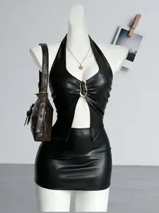 Street Style Punk Leather, Halter Neck Metal Buckle Cutout Design, Tight Fit Short Skirt Set, All-Season Casual Wear