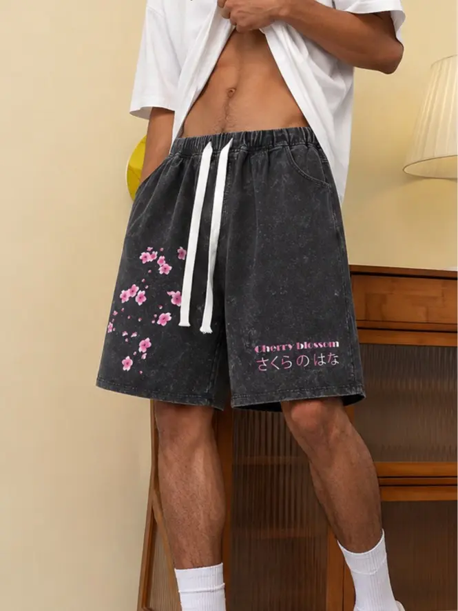 Men's Vintage Distressed 290g Washed Cotton Shorts - Cherry Blossom Print, Loose Fit, Adjustable Drawstring Waist & Pockets, Casual Comfy Shorts, Menswear, Mens Clothing, Retro Vibe With Modern Ease, Adjustable Bottom Men's Shorts