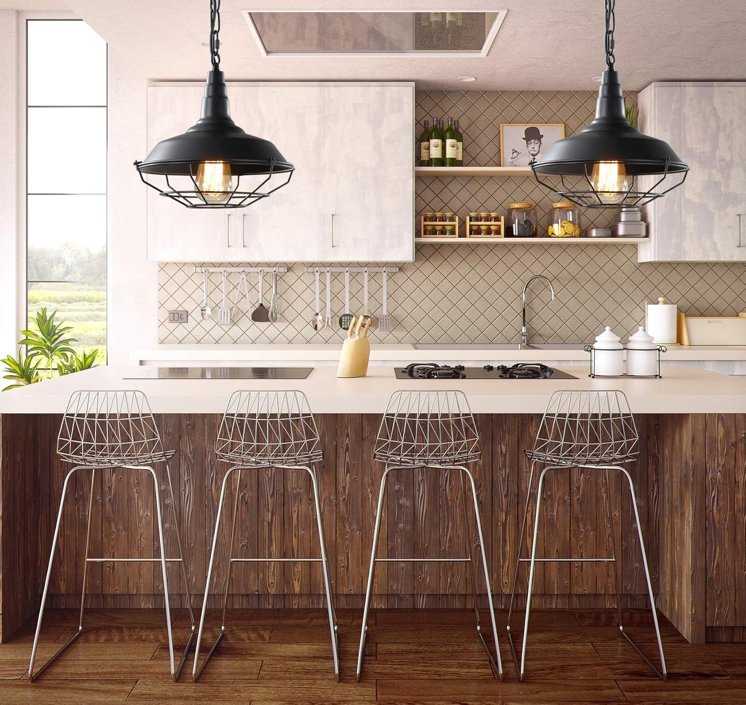 Black Farmhouse Pendant Light, 2 Pack Industrial Vintage Metal Wire Cage Hanging Light with Adjustable Chain for Kitchen Barn Hallway Porch Dining Room