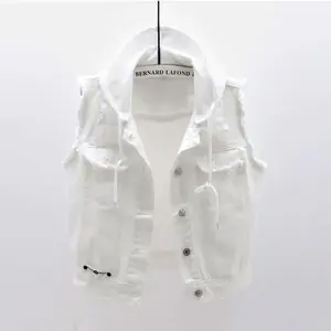 New Spring Autumn Women Fashion Hooded Denim Jacket Waistcoat White Black Vest Female Short Gilet Sleeveless Jeans Coat Tops Womenswear