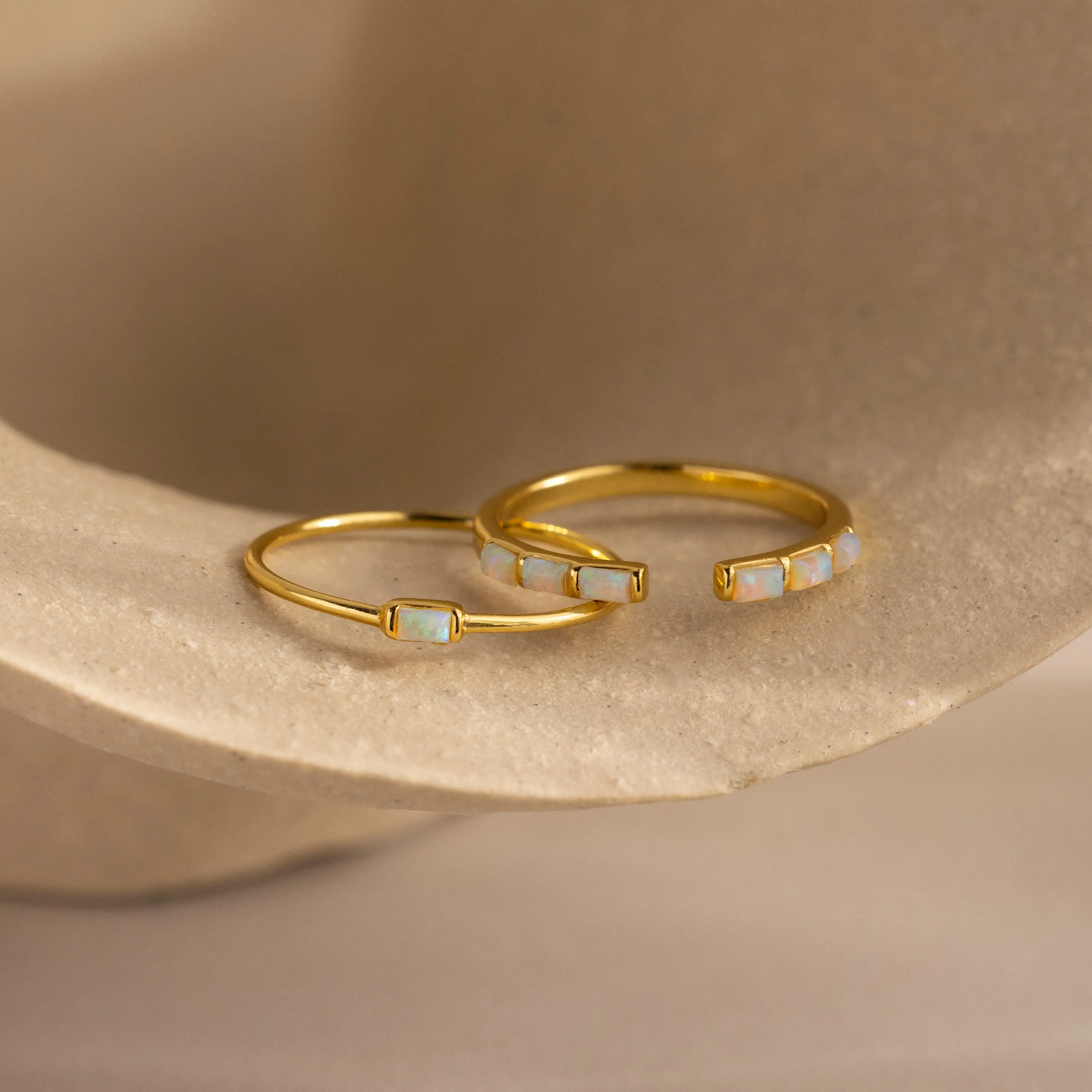 Baguette Opal Ring Set by Caitlyn Minimalist - Set of 2 Dainty Opal Stacking Rings in 18K Gold - Minimalist Baguette Gemstone Rings - Birthstone Jewelry - Birthday Gift for Her