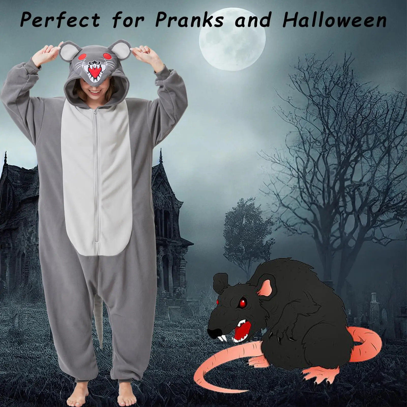 Rat Onesie Mouse Halloween Costume for Adults - Gray and White Design with Hood and Tail  robe anime onesies funny pajama solid zipper