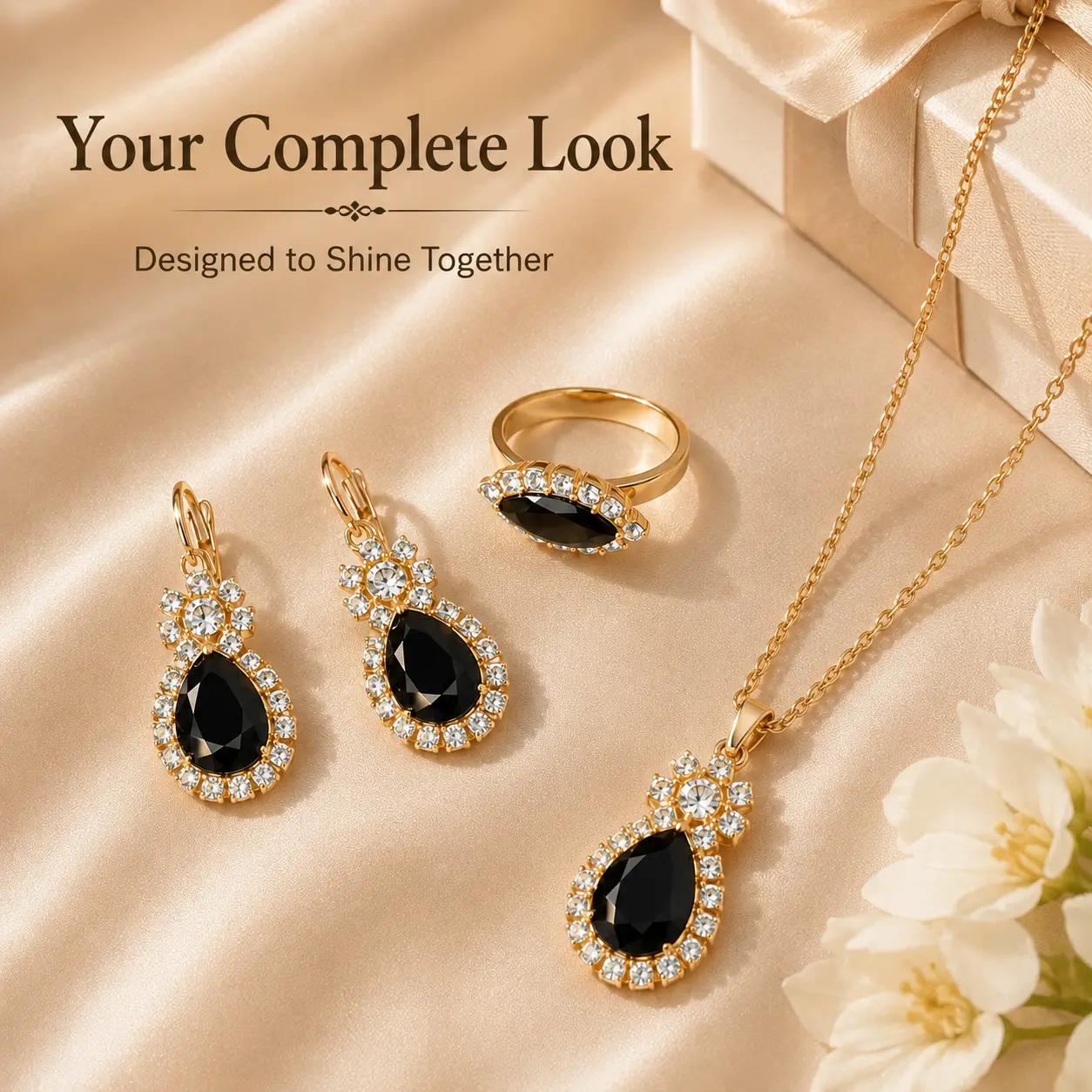 Women's Adjustable 4-Piece Black Teardrop Costume Jewelry Set - Gold-Tone Necklace, Earrings, Ring Matching Set for Date Night, Party Gift