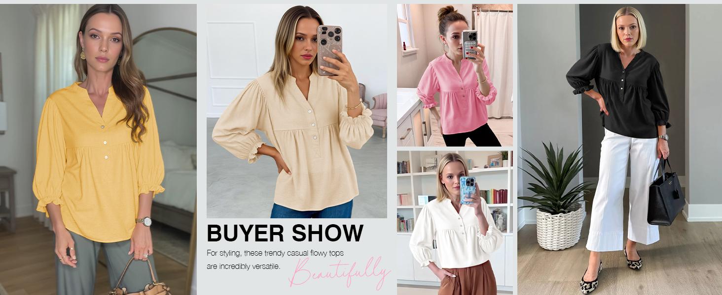 Tankaneo Womens Puff Sleeve Babydoll Tops V Neck Button Down Blouse Cute Casual Loose Fit Flowy Shirts