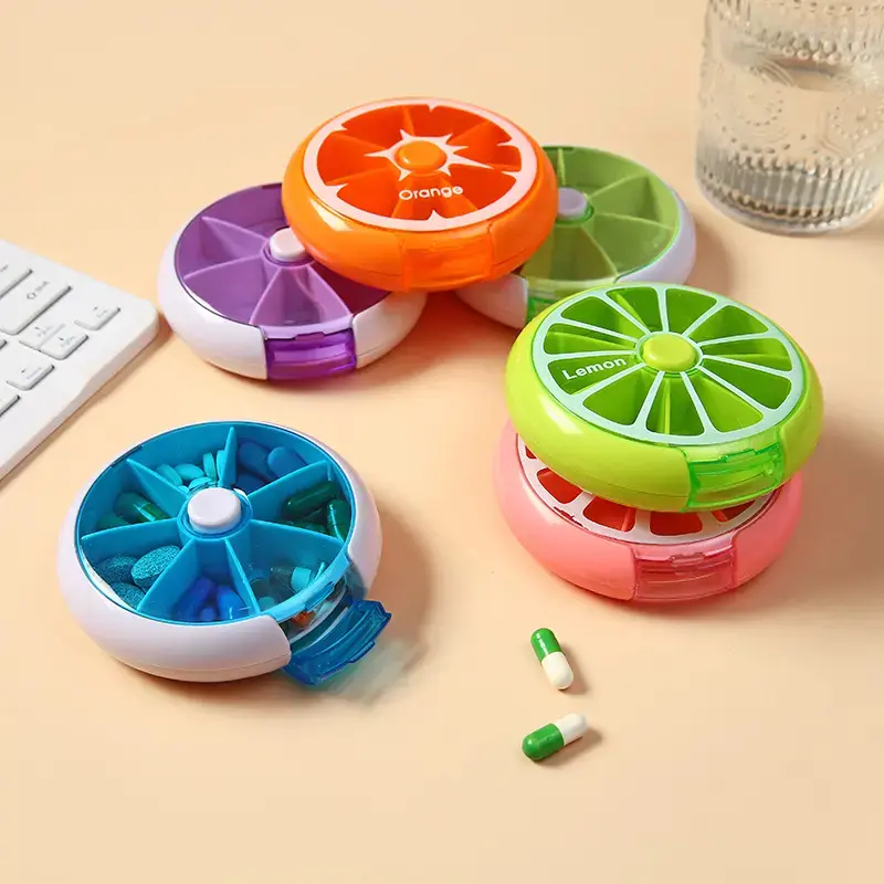 Round Rotating 7 Compartment Fruit Shaped Pill Organizer, Portable Dustproof Mini Tablet Storage Case, Compact Medication Vitamin Holder For Daily Home Office Business Trip Outdoor Travel Healthcare Carry