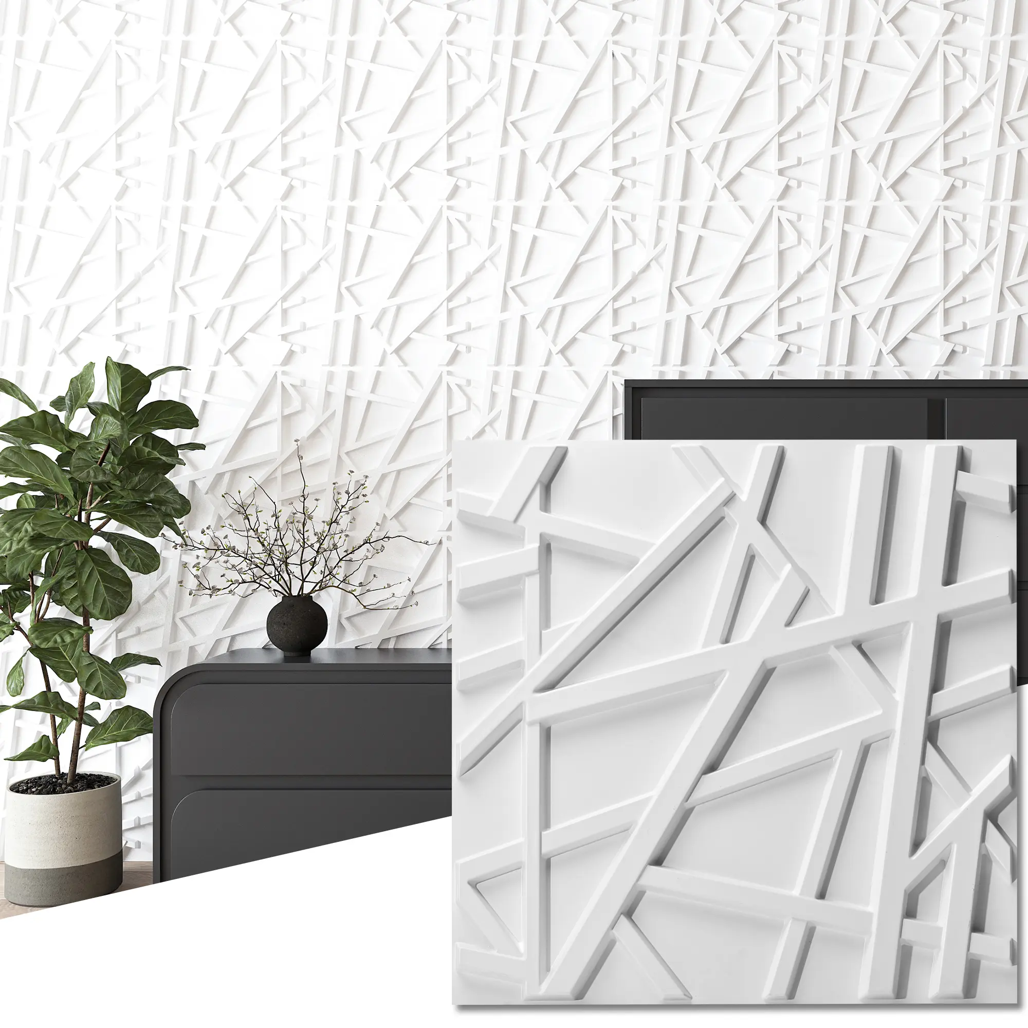 Art3d Decorative 3D Wall Panels - 12-Pack Geometric Crossing Line Matt White PVC Accent Wall Panels, 19.7"x19.7", Waterproof, Covers 32 Sq.Ft Functional Artistic Statement, Decorative Wall Panel