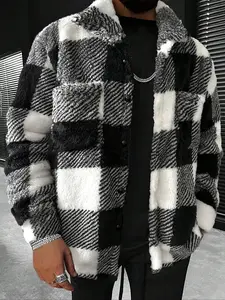 Men's Plaid Pattern Button Front Plush Jacket, Casual Drop Shoulder Long Sleeve Outerwear for Fall & Winter, Men's Clothes for Daily Wear, Coats