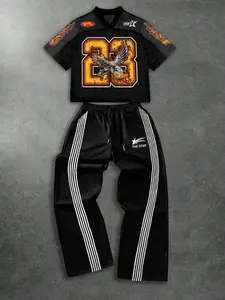 Men's Figure and Eagle Graphic Print Mesh Breathable Tee & Striped Print Drawstring Waist Sweatpants Two-piece Set, Regular Fit Casual Comfy Athletic Clothes Street Fashion Short Sleeve V Neck T-shirt & Pocket Straight Leg Trousers, Activewear