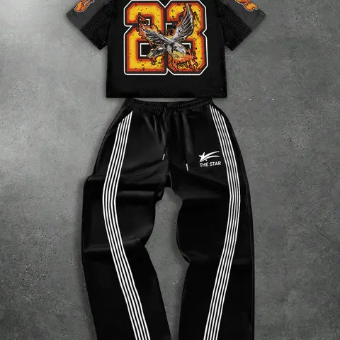 Men's Figure and Eagle Graphic Print Mesh Breathable Tee & Striped Print Drawstring Waist Sweatpants Two-piece Set, Streetwear Set, Regular Fit Athletic Clothes Street Fashion