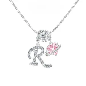 Sparkling Silver-Tone 26 Initial Letter Pendant Necklace with Pink Charm, Accented Fashion Jewelry for Women