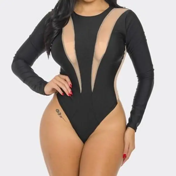 Black/Khaki Mesh Contrast Bodysuit for Women, Plain Pattern, Spring/Summer Season, Mesh Material