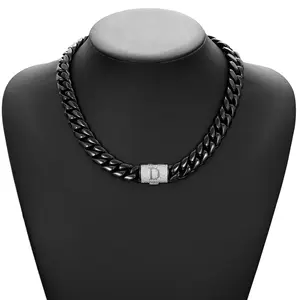 Collar Cubano Cifrado con 26 Letras Iniciales Personalizadas | Cadena de Tono Negro con Cierre Abatible de Seguridad de Plata | Collar Hip Hop Urbano Unisex para Uso Diario y Regalos