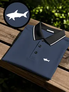 Men's Quick-Dry Polo Shirt Short Sleeve, Fashionable Shark Print, Breathable and Comfortable, Ideal for Sports, Casual Wear, Business, Golf, Top