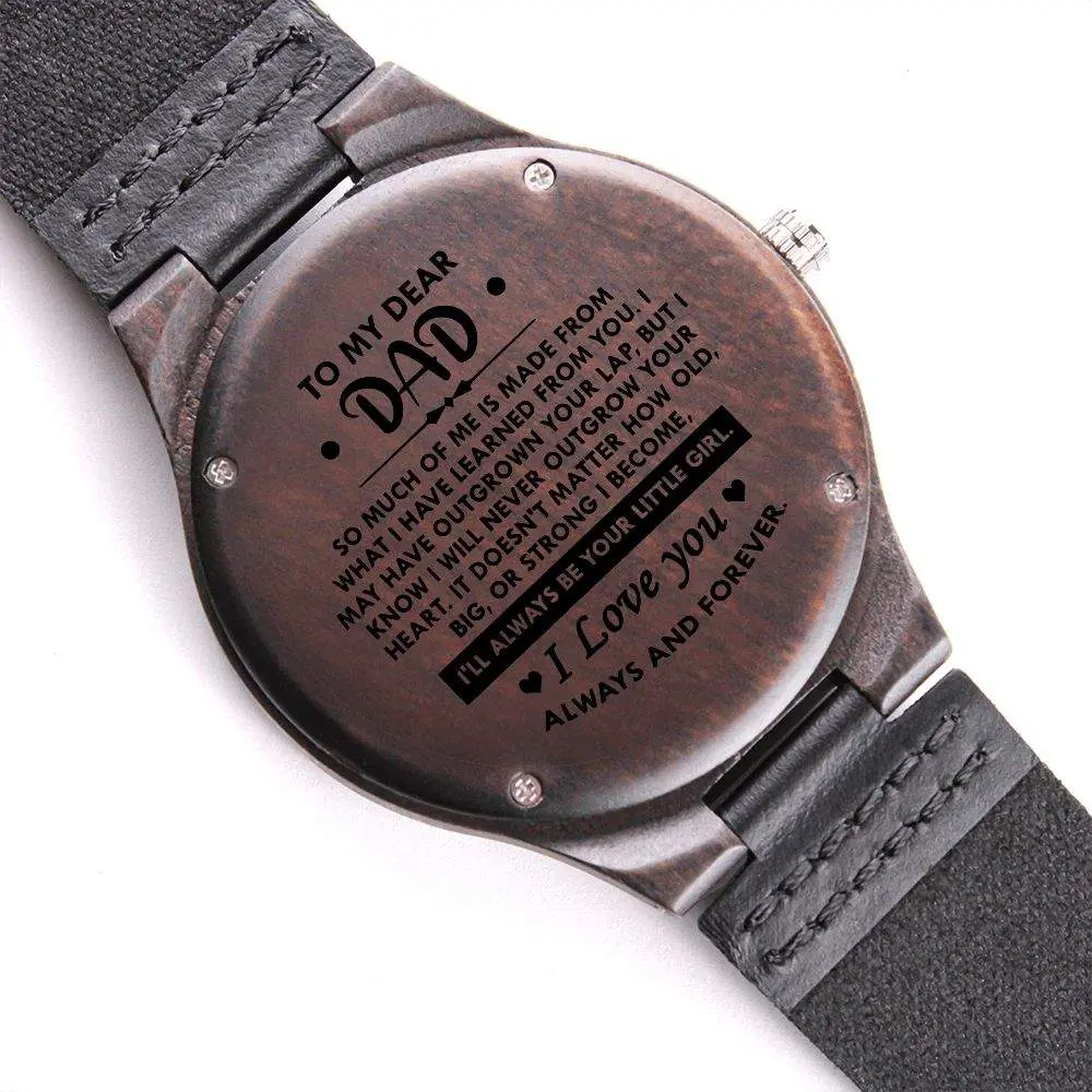 Men's Engraved Wood Fashion Watch - Father’s Gift, Japanese Quartz Movement, IPX-4 Waterproof, Leather Buckle Strap, Ships in a Gift Box