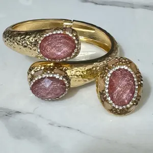 Elegant Gold Tone Bracelet and Ring Set with Pink Gemstones and Rhinestones for Women