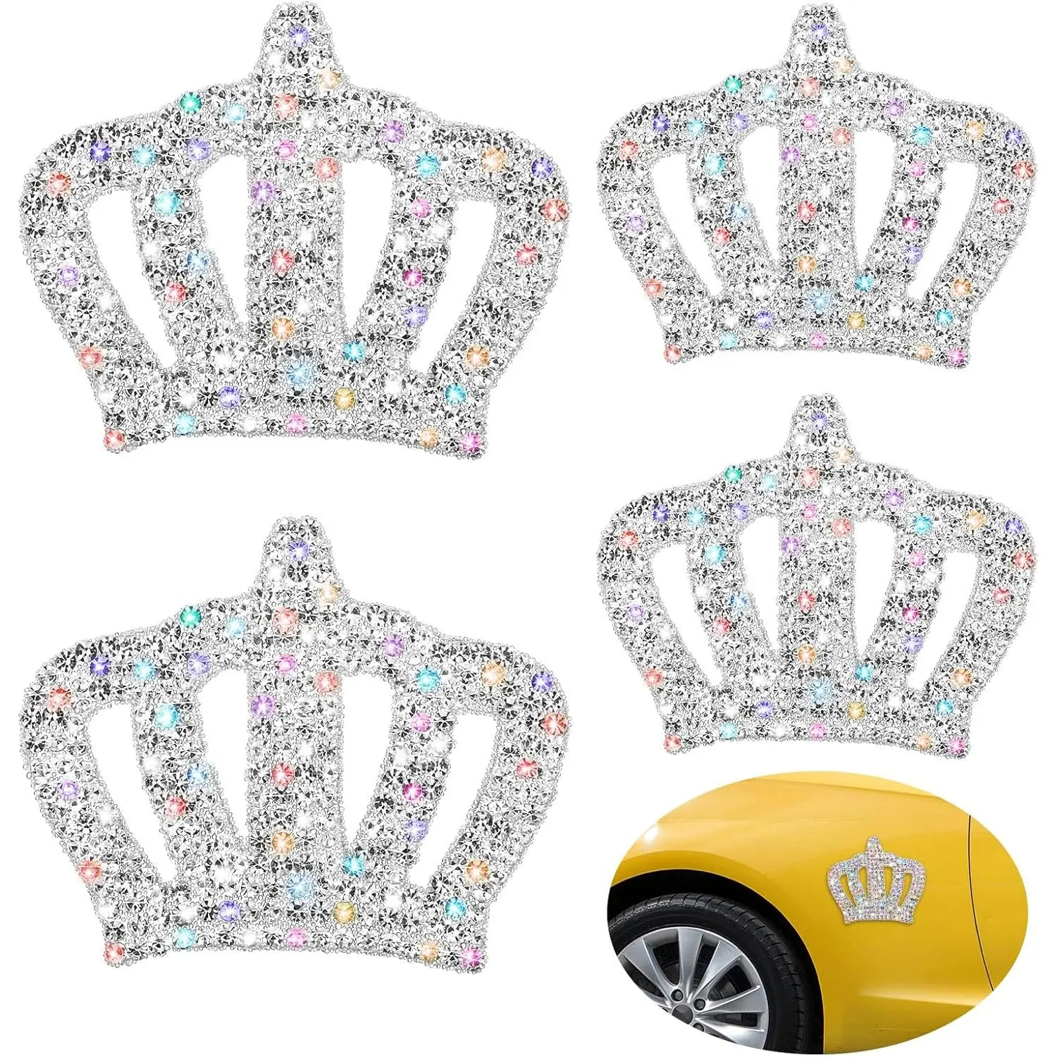 Decorative PVC+Rhinestone Bling 4-Piece Crown Car Sticker Set (2.36 x 1.96 inches), Glossy Tear-Resistant Self-Adhesive Decals with Luminous Wood Accent, Long-Wearing Car Scratch Covers for Windows/Bumpers, Princess Decor for Friends/Neighbors