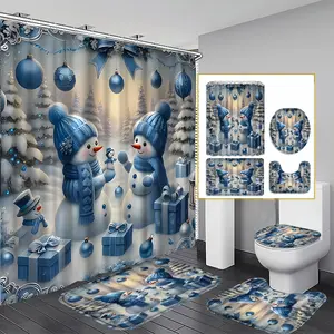 Christmas Snowman Shower Curtain Set with Blue Scarf, Holiday Bathroom Decor, Includes Hooks, Bath Mat, Toilet Pad, U-Shaped Pad, Gift, Bathroom Decoration Accessories