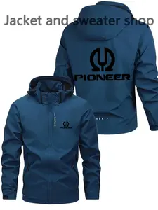 Men's and Women's Fashion Jacket with Pioneer Letter Print, Zipper Pockets, Casual Hooded Design, Spring & Fall Polyester Coat