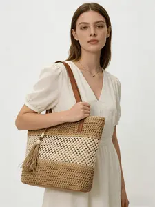 Large Capacity Women's Woven Tote Bag, Shoulder Handbag, Rattan Bag, Boho Style, Plain Pattern, All Seasons, Bamboo Fiber Material
